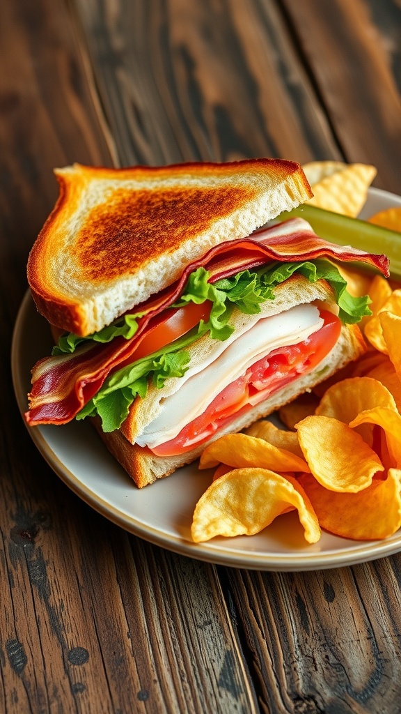 Classic Club Sandwich on a Plate A classic club sandwich on a plate with bacon, lettuce, tomato, and turkey, served with chips and a pickle.